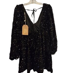NWT Listicle Black Velvet Sequin Puff Long Sleeve Babydoll Dress
